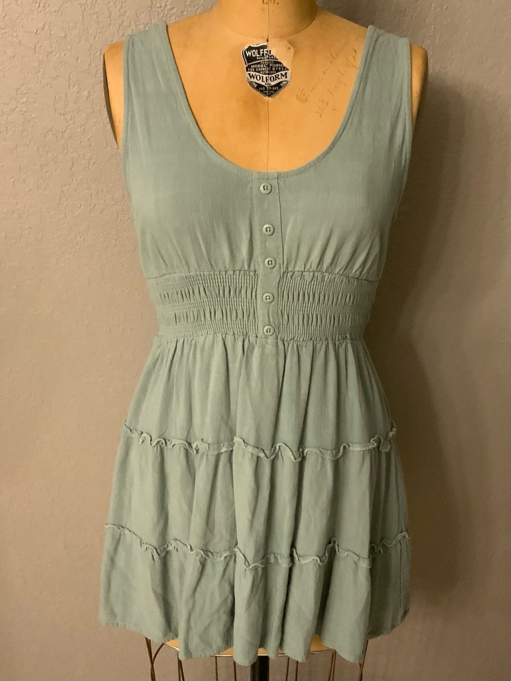 Sleeveless Button Front Tiered Mini Dress or Tunic - Soft Sage Green, size small